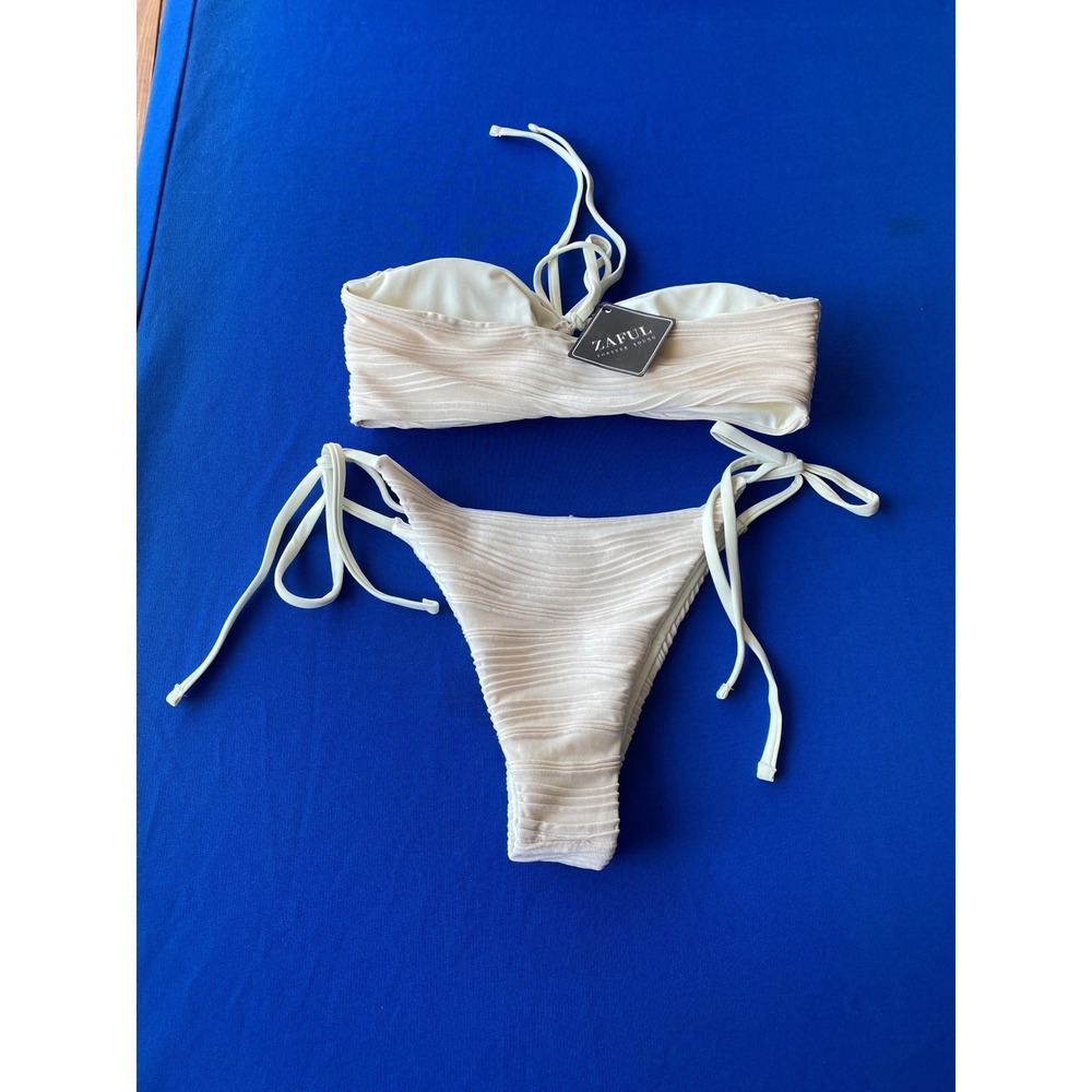 ZAFUL Ribbed Ring Detail Bikini Set Cream Off White Size Small New With Tags - Picture 2 of 7